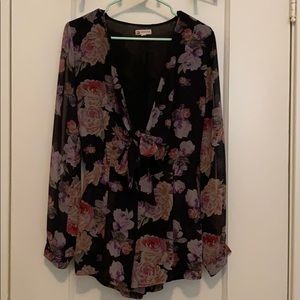 Black Floral Deep V plunging long sleeve romper